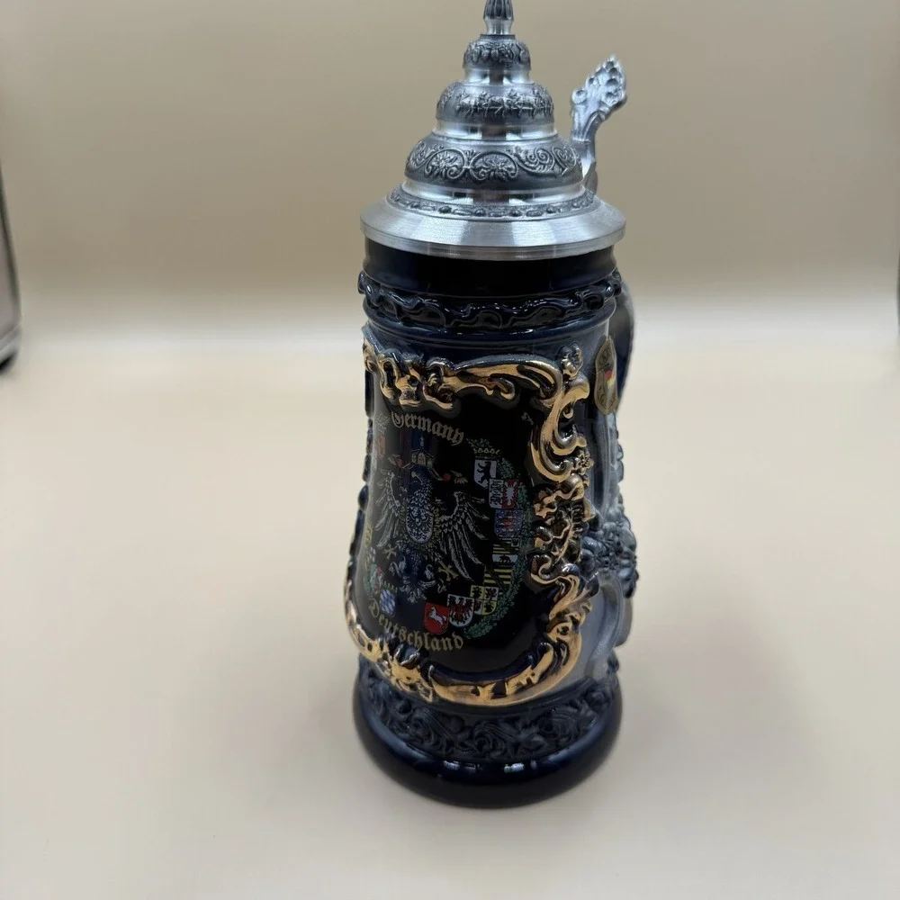 King German Stuttgart Beer Stein Handmade Pewter Lid-Hand Painted 0.5L (8